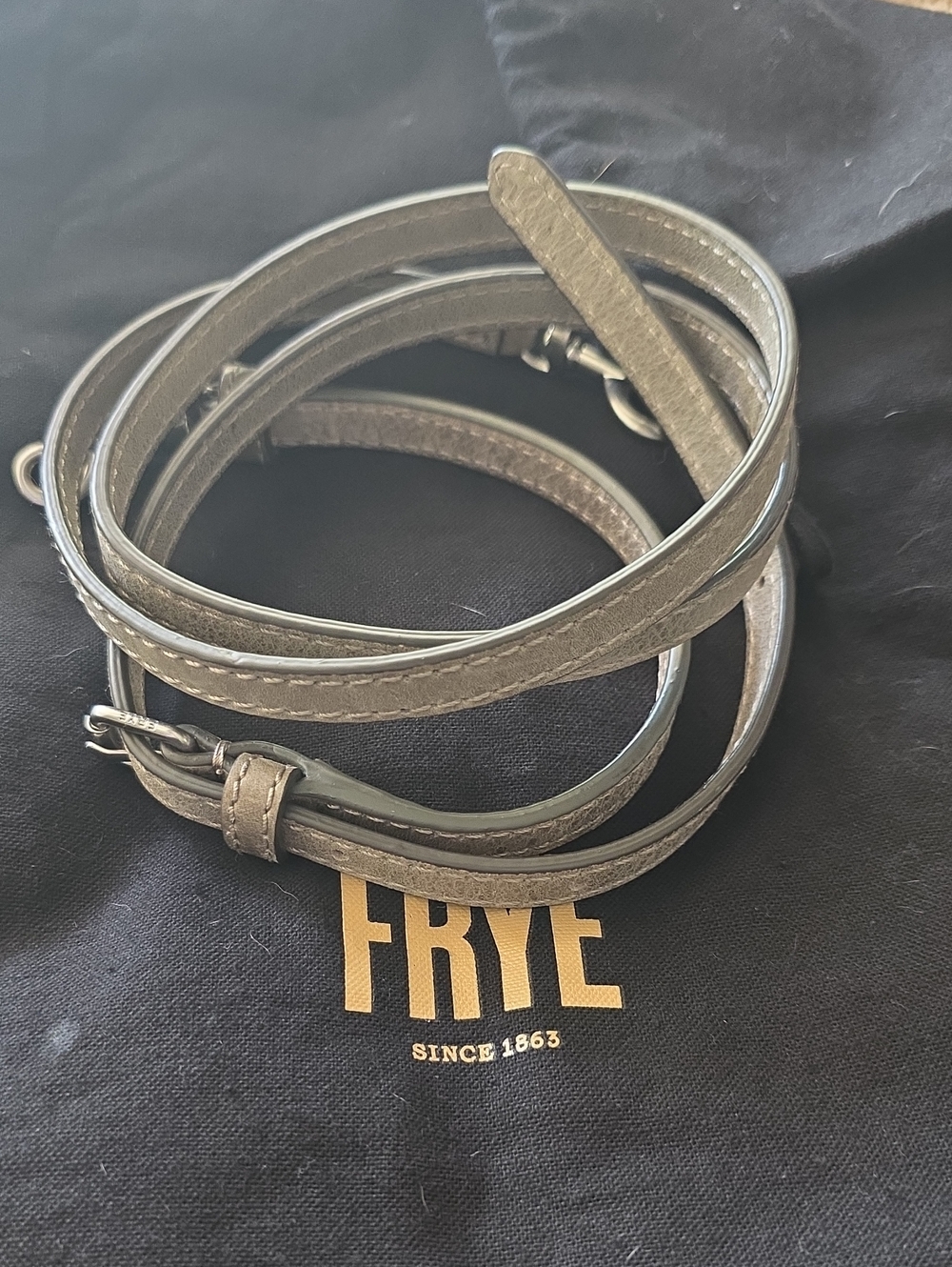 STRAP - Frye Taupe/gray Leather Crossbody Strap + Wrist Strap And Dust Bag.